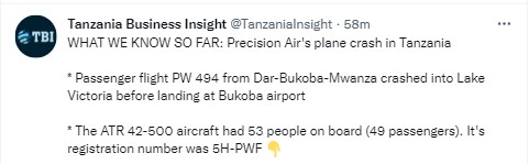 Самолет авиакомпании Precision Air потерпел крушение в Танзании и упал в озеро Виктория