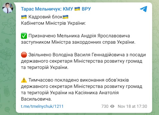 Скриншот из Телеграм Тараса Мельничука