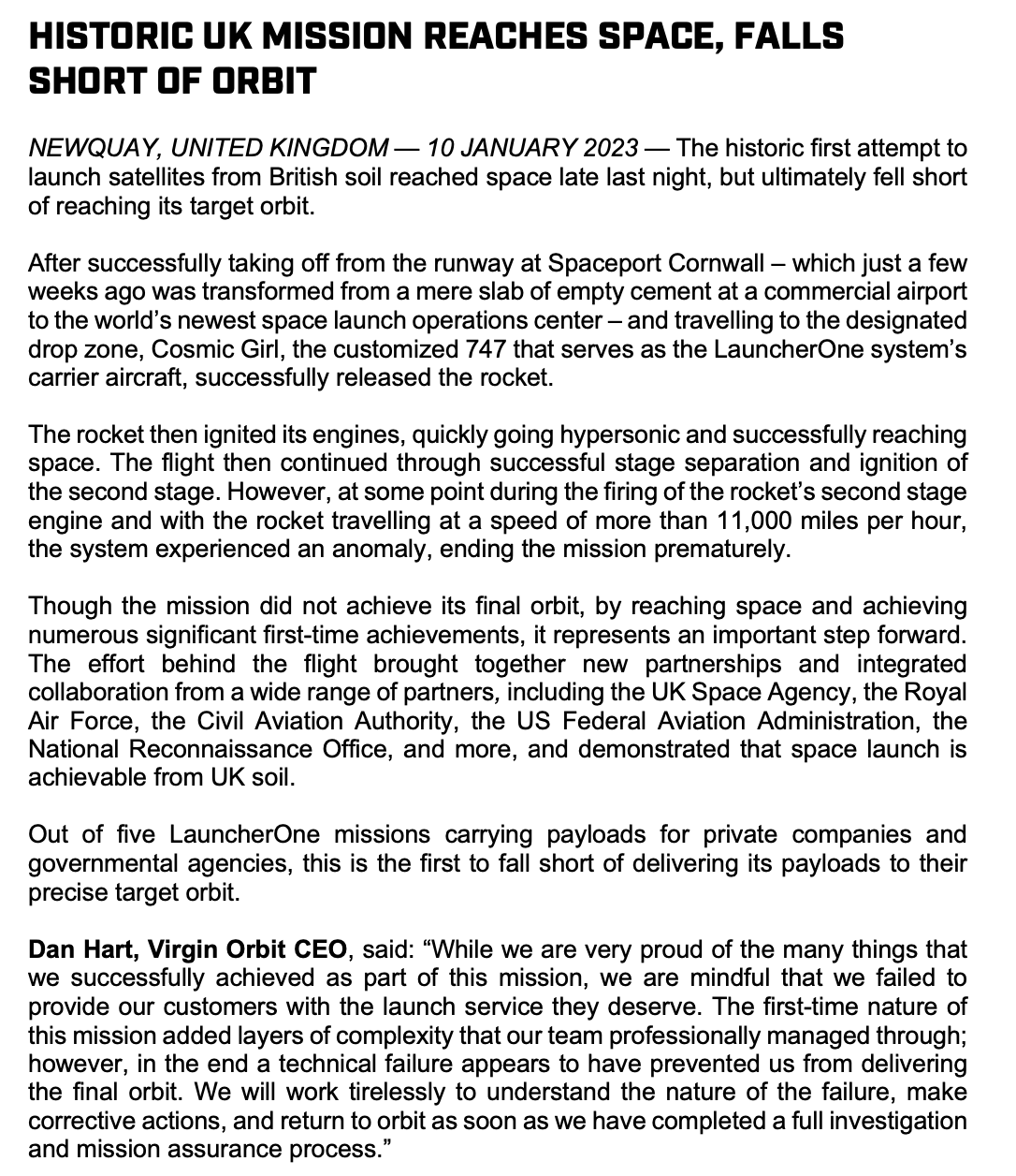 Скриншот из Твиттера Virgin Orbit