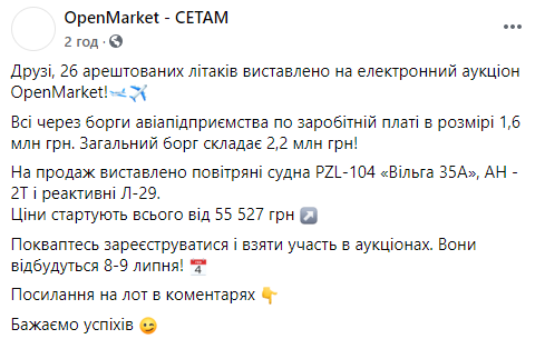 Государственный аукцион выставил на продажу конфискованные самолеты. Их цена начинается от 55 тысяч гривен. Скриншот: СЕТАМ в Фейсбук