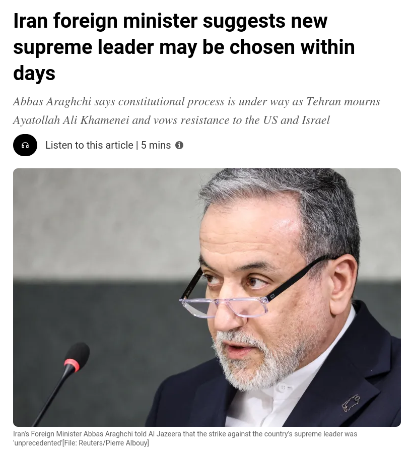 Знімок заголовка на aljazeera.com &ndash; Іран обере нового верховного лідера найближчими днями
