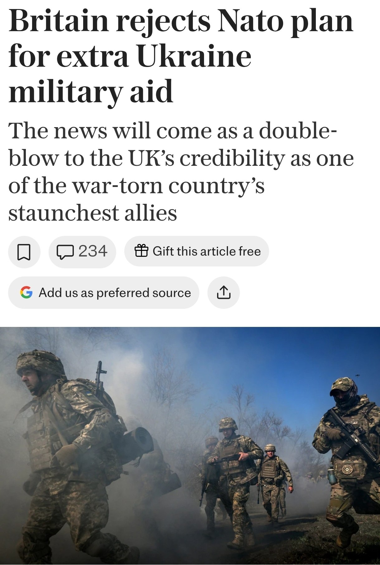 Знімок заголовку на telegraph.co.uk &ndash; Британія, Франція та ще три країни заблокували пропозицію НАТО щодо щорічної допомоги Україні