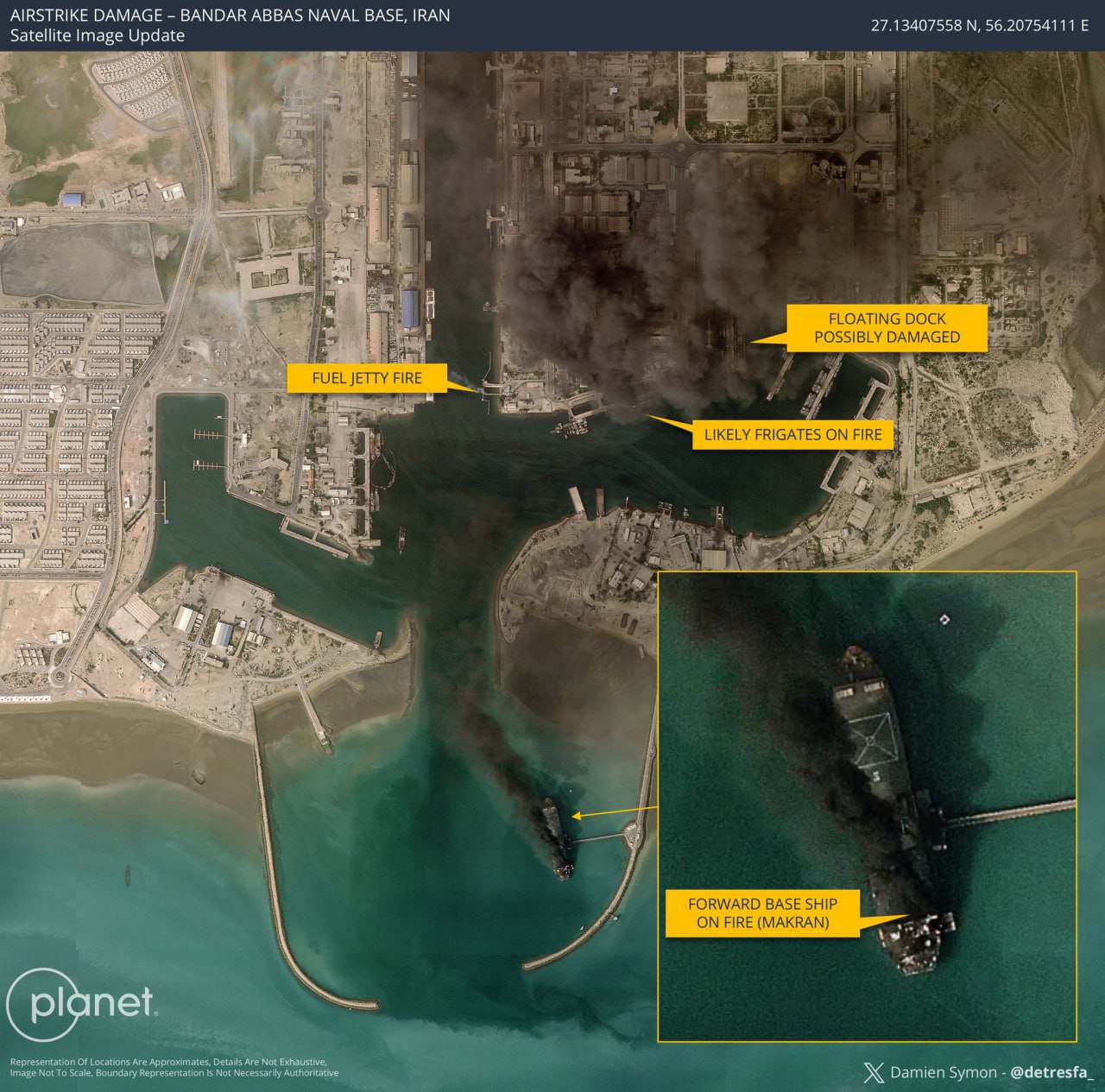 Фото горящих военно-морской базы и авианосца в Иране. Источник – planet.com