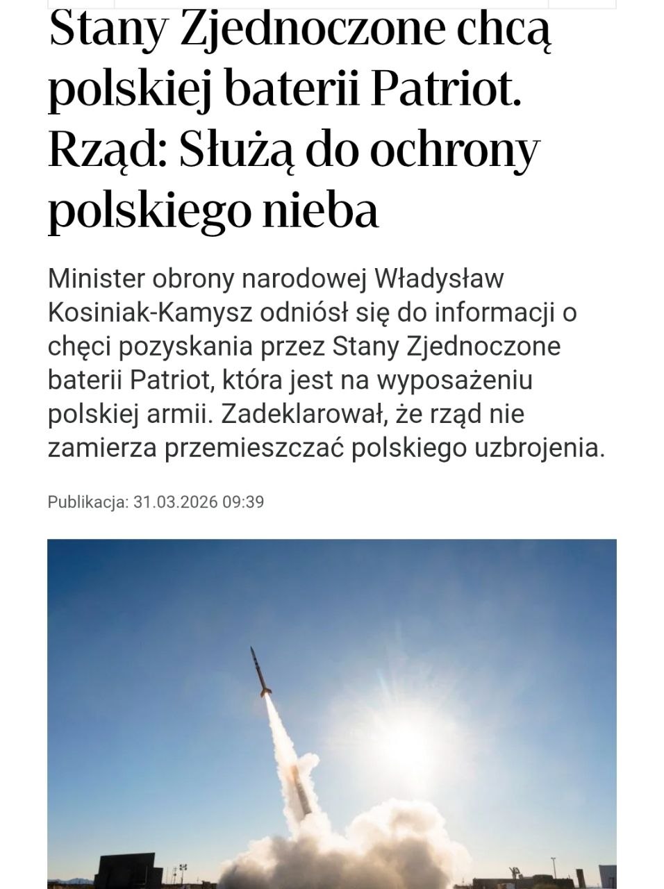 Снимок заголовка на rp.pl &ndash; США предложили Польше отдать комплексы ПВО Patriot для войны с Ираном