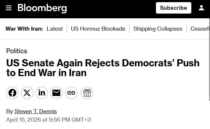 Снимок заметки на bloomberg.com &ndash; Сенат США во второй раз отклонил предложение демократов о прекращении войны с Ираном