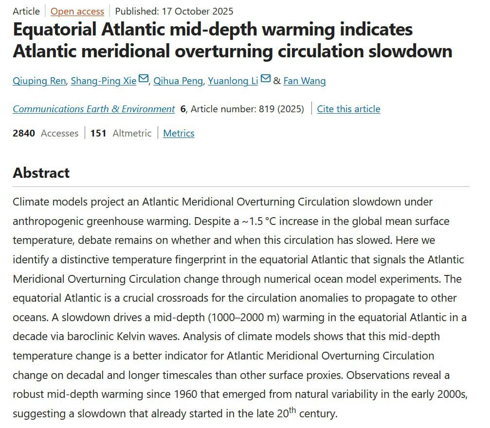 Знімок публікації на nature.com - уповільнення океанічних течій Атлантики загрожує кліматичною катастрофою на кількох материках