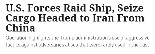 Знімок заголовка на wsj.com - США захопили судно з Китаю до Ірану