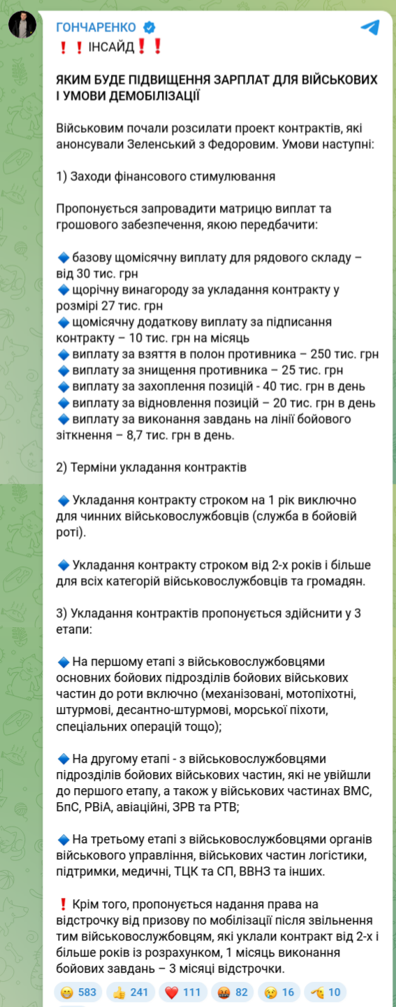 Снимок сообщения в Телеграме &ndash; нардеп Гончаренко сообщил о повышении выплат в ВСУ